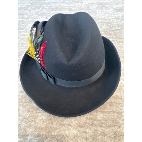 Vintage Lancaster Black Fedora Hat With Feather Accent & Ribbon Trim XS - Picture 3 of 8